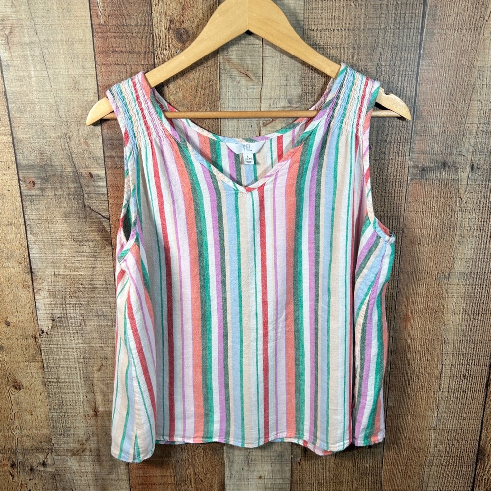 Time and Tru Multi Color Striped Linen Blend Smocked V-Neck Tank Top Women Large